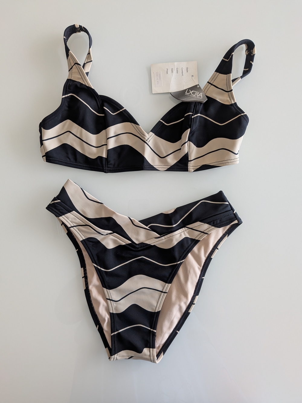 Black Beige Striped colorblock Bikini Set Wide Strap high rise 2 Piece Swimwear